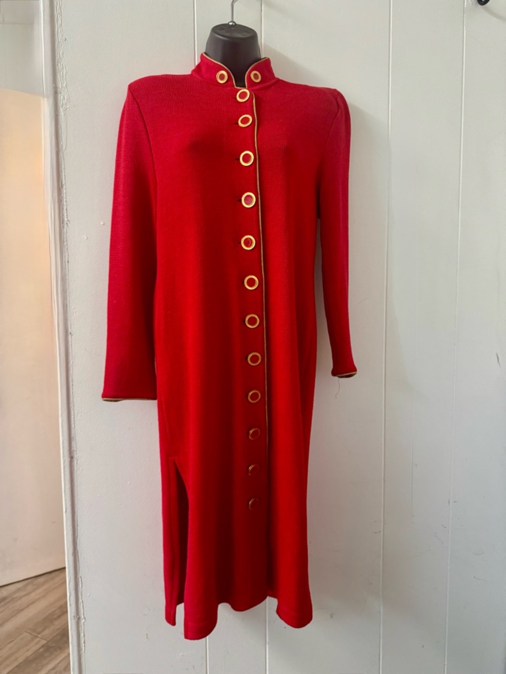 St. John Red Long Button-Front Knit Maxi Coat Dress with Gold Trim